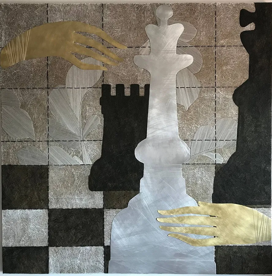 Image of Game by Tkachuk Yaroslava, size: 100 х 100 см, made of flax fiber, cotton, acrylic, aluminum, brass, author's technique  medium, priced at $1200