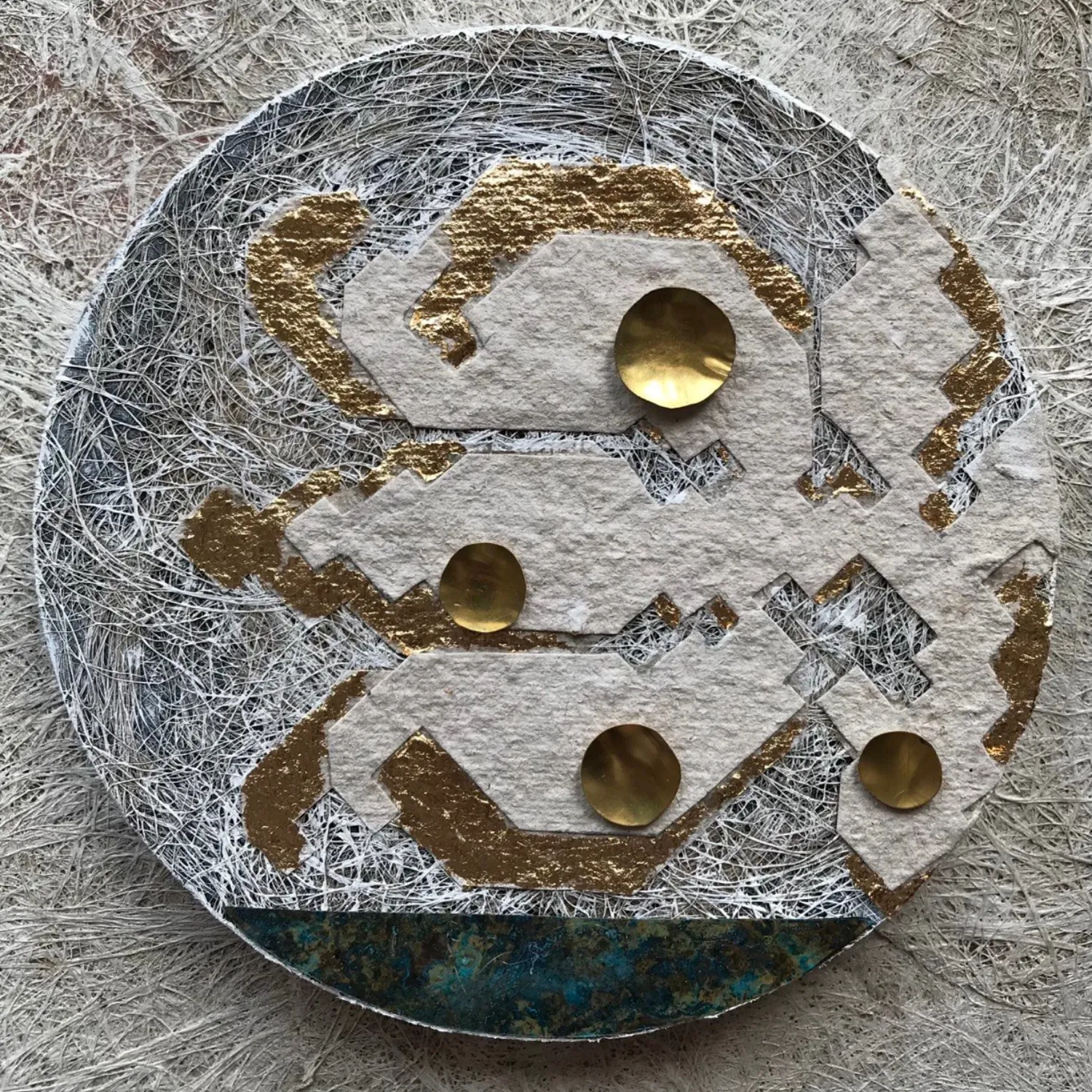 Image of the flower by Tkachuk Yaroslava, size: d - 15 cм, made of flax fiber, paper, dutch metal, brass, author's technique  medium, priced at ₴3000