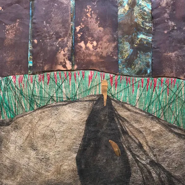 Зображення "«Залізне небо»" від Ткачук Ярослава , розмір: 100x100 cm, матеріали: льон, шовк, акрил, залізо, оксидована латунь, бронза, медіум: Авторська техніка, ціна: $1000