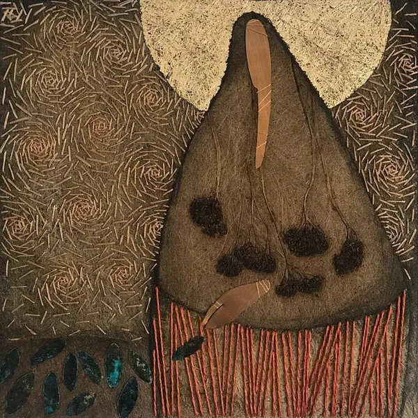 Image of "Mother of God" by Tkachuk Yaroslava, size: 30x35 cm, made of oxidized brass, natural plant fiber, ribbon, acrylic, Textile Art medium, priced at $0