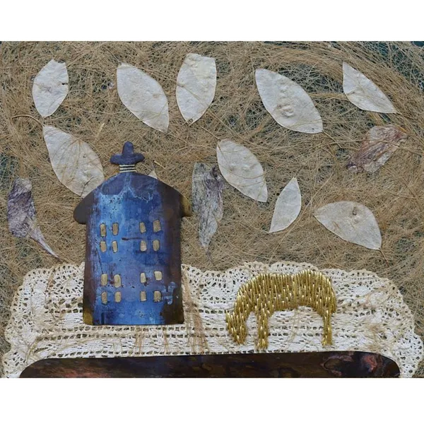 Image of "Shelter" by Tkachuk Yaroslava, size: 20x25 cm, made of oxidized brass, natural plant fiber, ribbon, acrylic, Textile Art medium, priced at $0