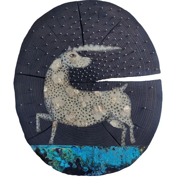 Image of "Fantastic Beasts. Deer" by Tkachuk Yaroslava, size: 47x40x5 cm, made of wood, flax, oxidized brass, gold-plated, Textile Art medium, priced at $0