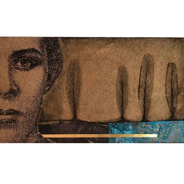Image of "Glance" by Tkachuk Yaroslava, size: 24x45 cm, made of linen, thermal transfer printing, oxidized brass, Textile Art medium, priced at $0