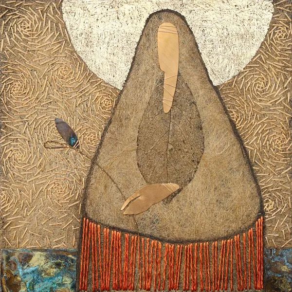 Image of "Mother of God" by Tkachuk Yaroslava, size: 30x30 cm, made of oxidized brass, natural plant fiber, ribbon, acrylic, Textile Art medium, priced at $0