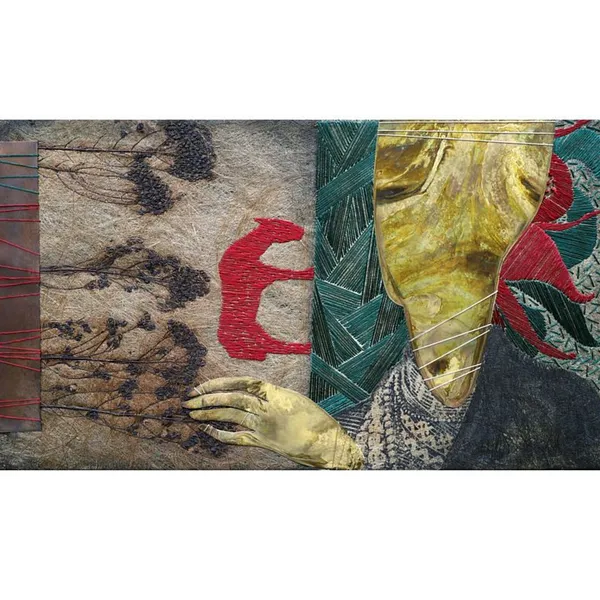 Image of "Passion" by Tkachuk Yaroslava, size: 40x70 cm, made of Linen, silk, acrylic, oxidized brass, bronze, Textile Art medium, priced at $0