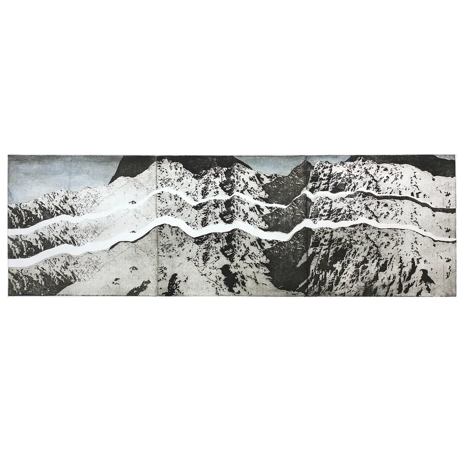 Image of There are mountains beyond the mountains by Stratiychuk Oksana, size: 28,5 х 91 см, made of etching, watercolor, Graphics medium, priced at $800