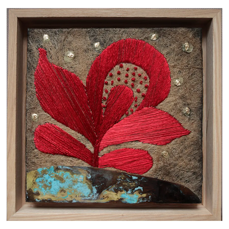 Image of the flower by Tkachuk Yaroslava, size: 20 х 20 см, made of flax linen, acrylic, oxidised brass, author's technique  medium, priced at $250