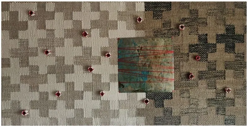 Image of "Transition" by Tkachuk Yaroslava, size: 57х110 cm, made of linen, silk, oxidized nickel silver, ceramics, Textiles medium, priced at $1500