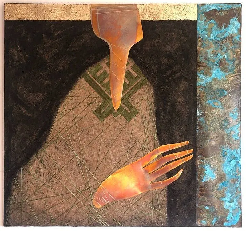 Image of "Transformation" by Tkachuk Yaroslava, size: 75x80cm, made of linen, silk, pottery, oxidized brass, Textiles medium, priced at $900