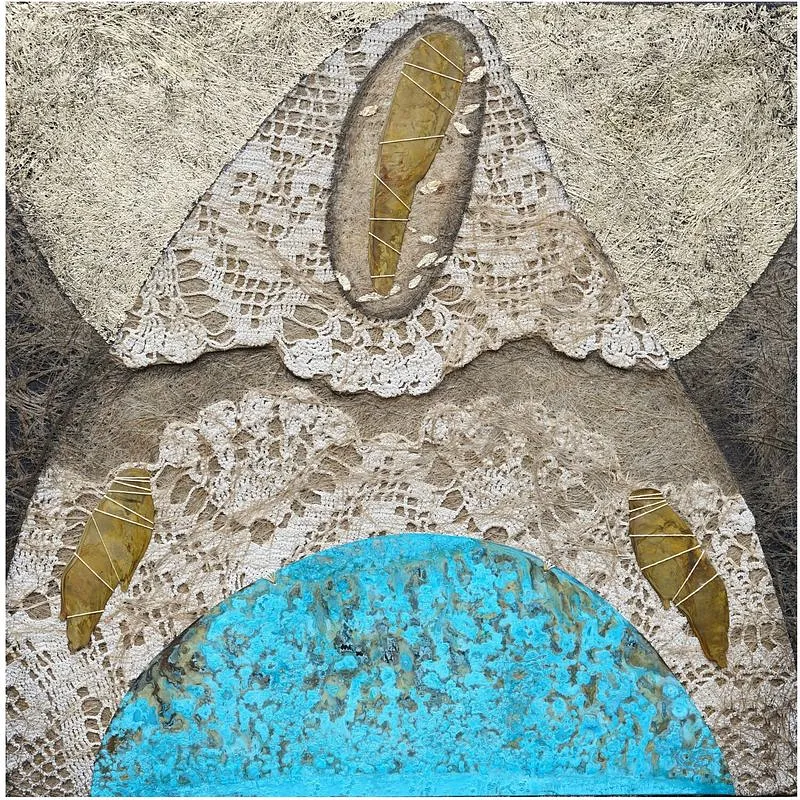 Image of "The Protection of the Most Holy Theotokos" by Tkachuk Yaroslava, size: 50x50 cm, made of fabric, metal, lace, author's technique  medium, priced at $550