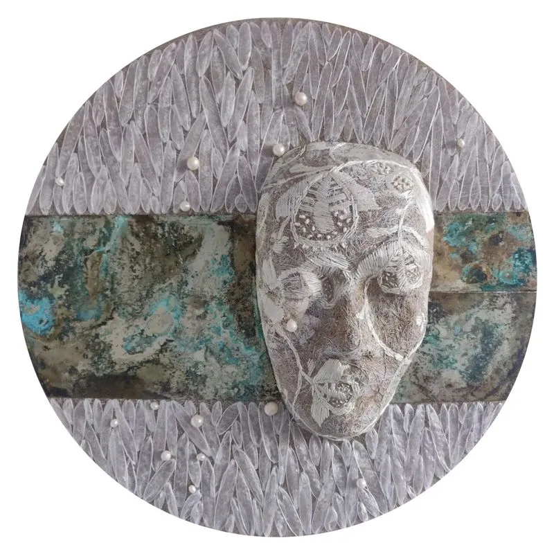 Image of "Awakening" by Tkachuk Yaroslava, size: d-48 cm, made of linen, silk, ribbon, pearls, oxidized nickel silver, author's technique  medium, priced at $420