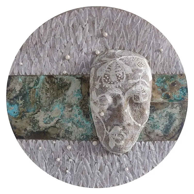 Image of "Awakening" by Tkachuk Yaroslava, size: d-48 cm, made of linen, silk, ribbon, pearls, oxidized nickel silver, author's technique  medium, priced at $420