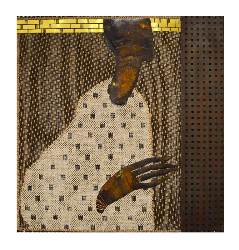 Image of "Script" by Tkachuk Yaroslava, size: 103x98 cm, made of Tapestry, hand weaving, linen, brass, perforated iron, Textiles medium, part of the 2/11 series, priced at $2500