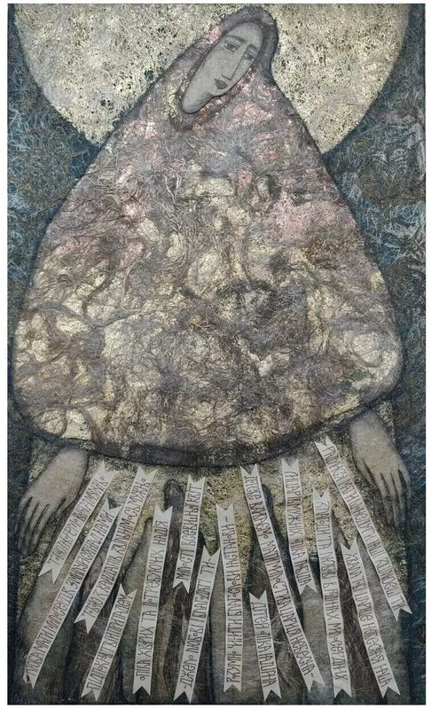 Image of "Mary, Mother of Mercy" by Tkachuk Yaroslava, size: 115x70 cm, made of flax fiber, ceramics, acrylic, author's technique  medium, priced at $450