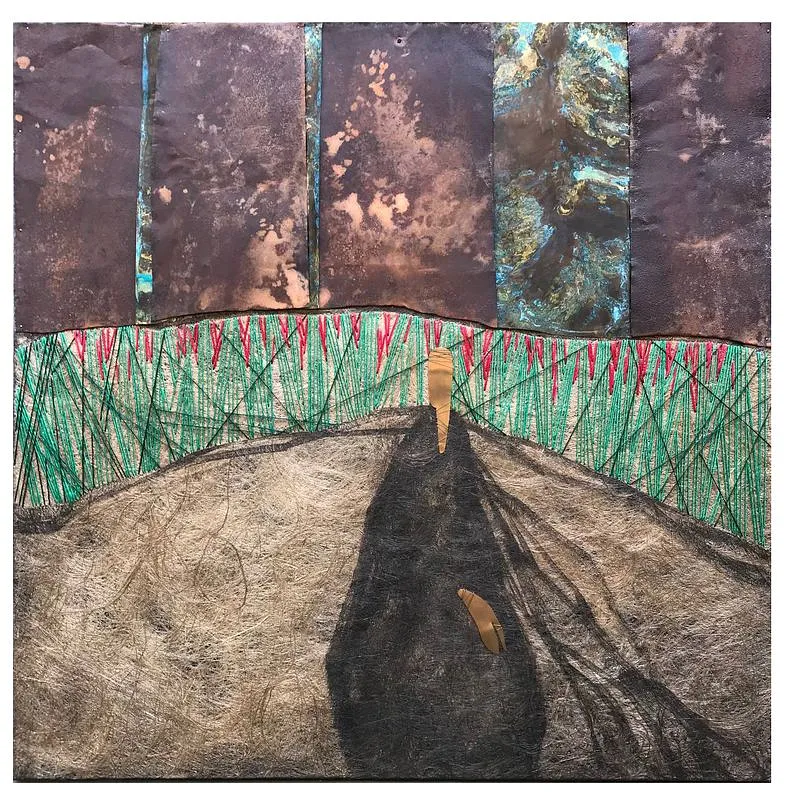 Image of "Iron Sky" by Tkachuk Yaroslava, size: 100x100 cm, made of flax fiber, silk, acrylic, iron, oxidized brass, bronze, author's technique  medium, priced at $1000