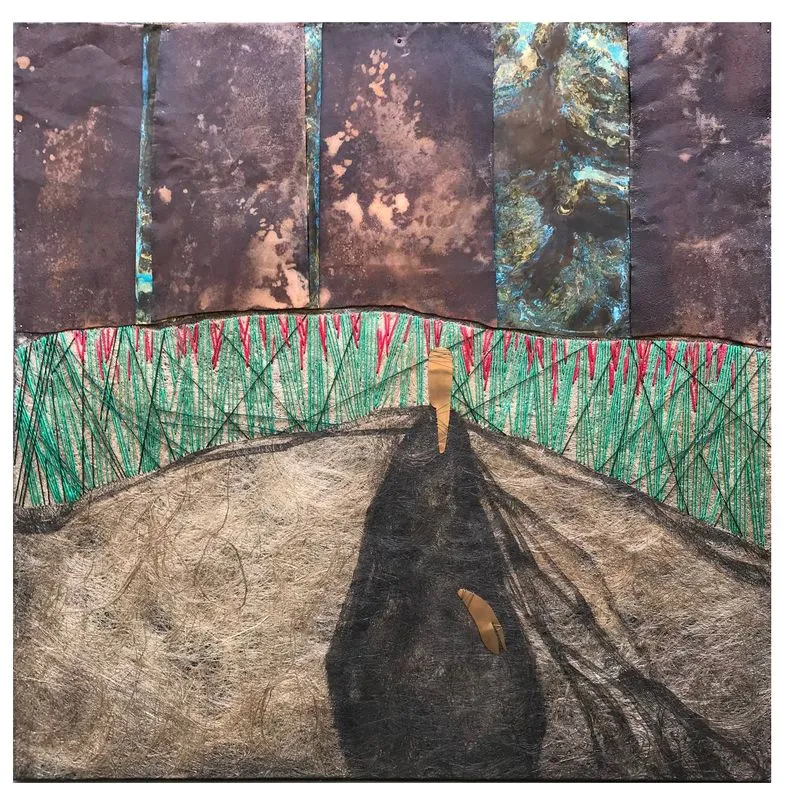Image of "Iron Sky" by Tkachuk Yaroslava, size: 100x100 cm, made of linen, silk, acrylic, iron, oxidized brass, bronze, Textiles medium, priced at $1000