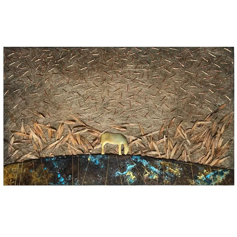 Image of On the Hill by Tkachuk Yaroslava, size: 30х50, made of linen, herbarium, brass, oxidized brass, Textiles medium, priced at $350