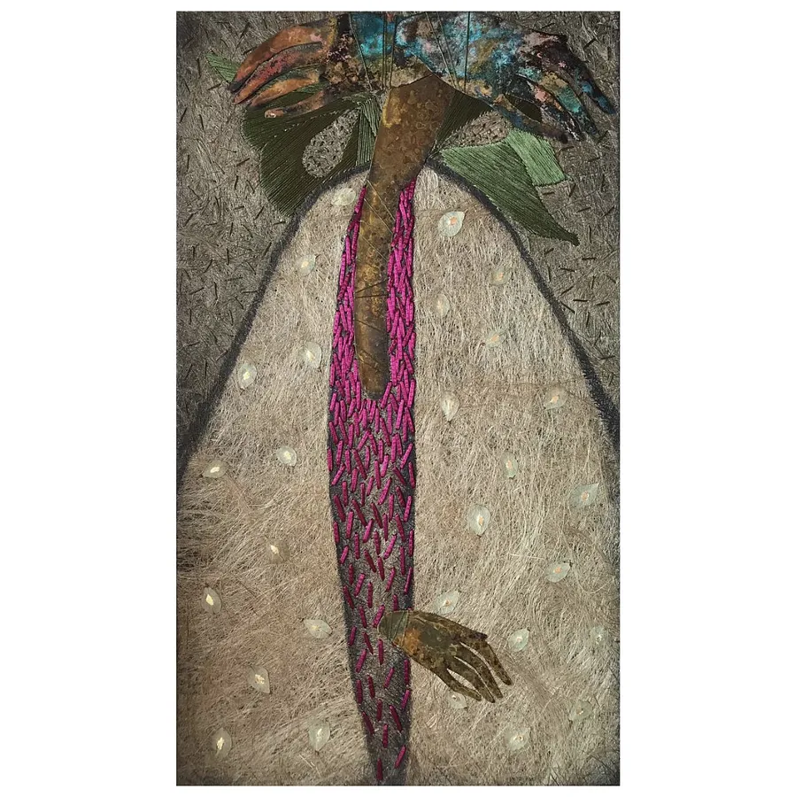 Image of "Bride II" by Tkachuk Yaroslava, size: 70х35, made of llinen, silk, ribbon, acrylic, oxidized brass, Textiles medium, priced at $600