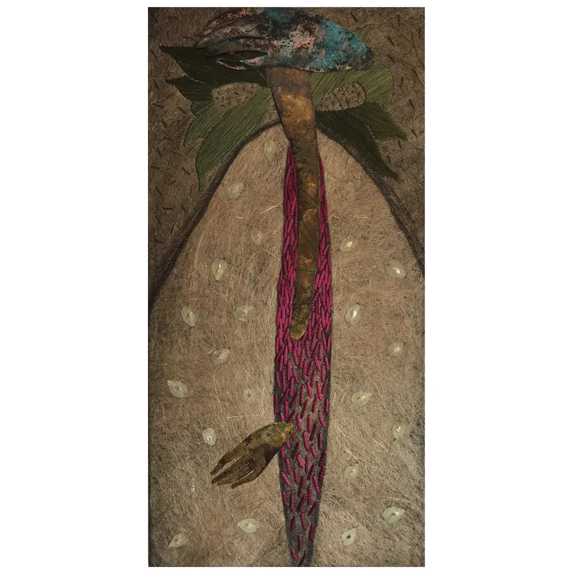 Image of Bride I by Tkachuk Yaroslava, size: 70х40, made of  llinen, silk, ribbon, acrylic, oxidized brass, Textiles medium, part of the 2/11 series, priced at $600