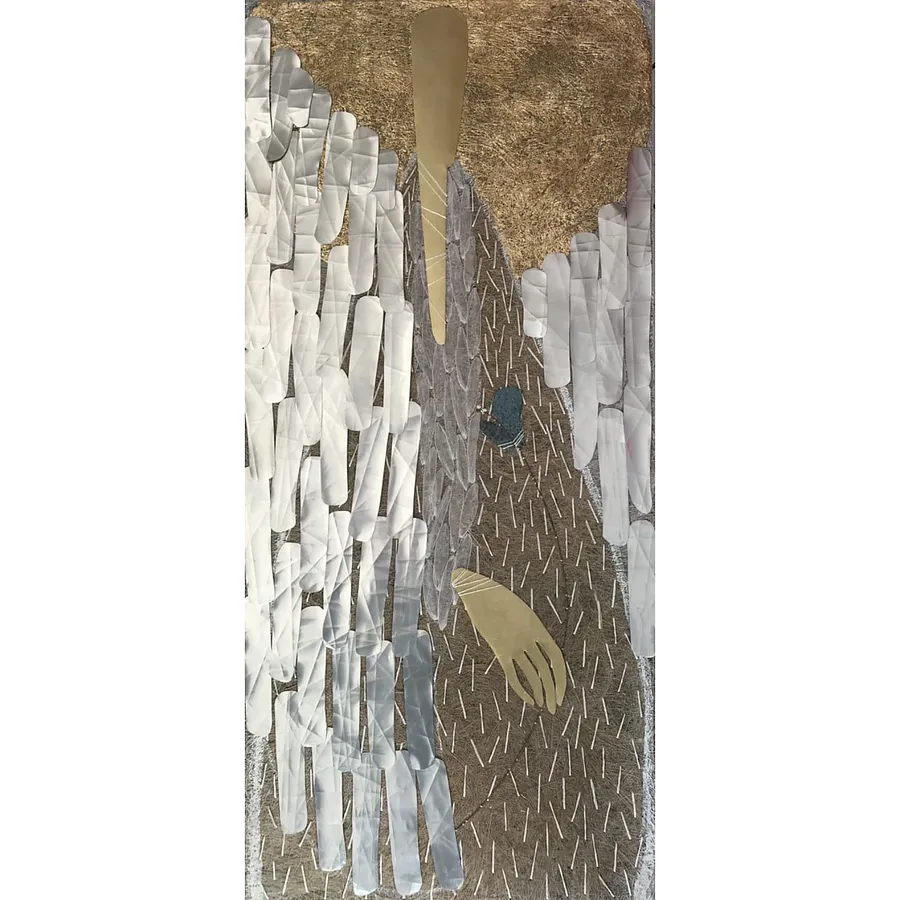 Зображення "Ангел" від Ткачук Ярослава , розмір: 75 х 35 cм, матеріали: льон, шовк, стрічка, латунь, вторинний алюміній, медіум: Текстиль, серія: 51/100